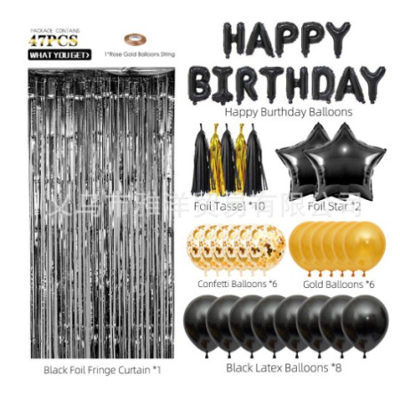 Set 47 baloane, 10 ciucuri, 2 baloane stea folie, 6 baloane latex confetti, 6 baloane galbene latex, 8 baloane negre latex, 1 Perdea Praty Folie, Litere Happy Birthday, Auriu/Negru