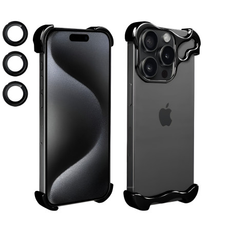 Husa Metalica Compatibila cu iPhone 15 Pro Max, Protectie pentru Colturile Telefonului si Camera, Lentile pentru Obiective, Aliaj, Antisoc, Antizgariere, Negru