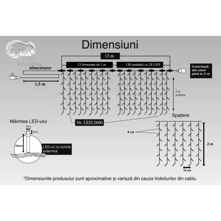 Instalatie Craciun Profesionala de Exterior IP65, Tip Perdea, 13m x 2m, 2600 Led-uri Mari, Alb cald, cu flash, Alimentator 1,5 m, Interconectabila, Fir negru, Flippy