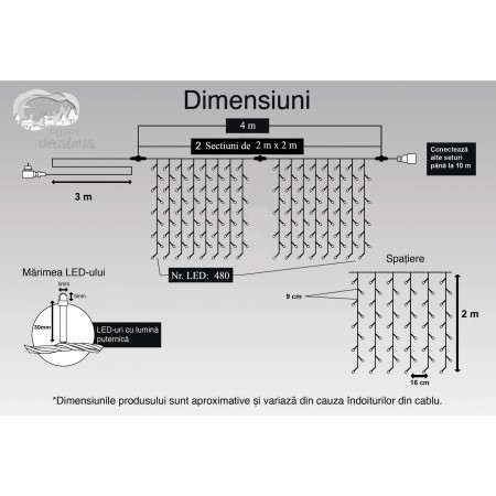 Instalatie Craciun, Tip Perdea, IP44, 4 m x 2 m, 480 LED-uri, Alb rece, 8 jocuri de lumini, Transformator, Interconectabila, Prelungitor 3 m inclus, Fir transparent, Interior/ Exterior, Flippy