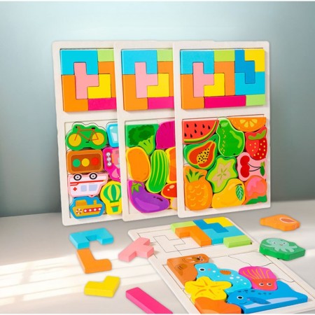 Puzzle Montessori din Lemn pentru Copii, Flippy, Tip Tetris 2in1 +3 Ani, cu Fructe Colorate 3D, Educativ, Intuitiv, Creativ, 21 de Piese, 28.5x17x1.2 cm, Multicolor