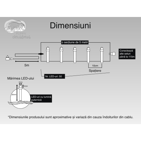 Instalatie Craciun, 5 m, 50 Led-uri ,Liniara, Albastru, 8 jocuri de lumini, Transformator, Interconectabila, Prelungitor 5 m inclus, Fir Transparent, Flippy