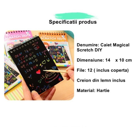 Caiet cu fise razuibile Flippy, DIY Magic Scratch, 12 File, Curcubeu, Creion din Lemn, Cartonase negre, 14 x 10 cm, verde