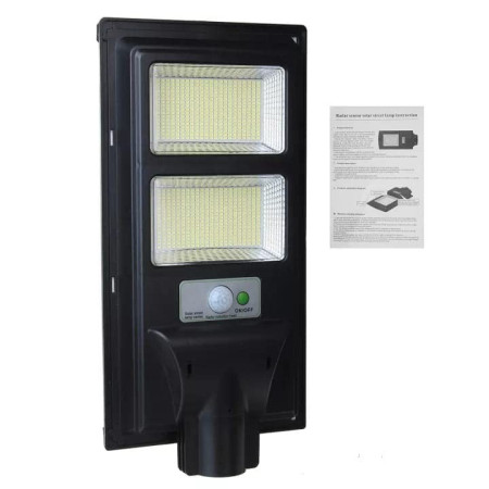 Lampa solara stradala Flippy, cu suport de prindere si telecomanda, senzor de miscare si lumina, 96 LED-uri, IP65, ABS, 5AH, 100W, temperatura culoare 6500K, 37.8x18.8x5 cm, autonomie 10-12 ore, negru