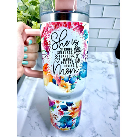 Cana Termos din Plastic, Flippy, pentru Bauturi Calde si Reci, cu Maner, Imprimeu Floral, cu Mesaj pentru Mama, Alb, 10x7.6x27.5 cm