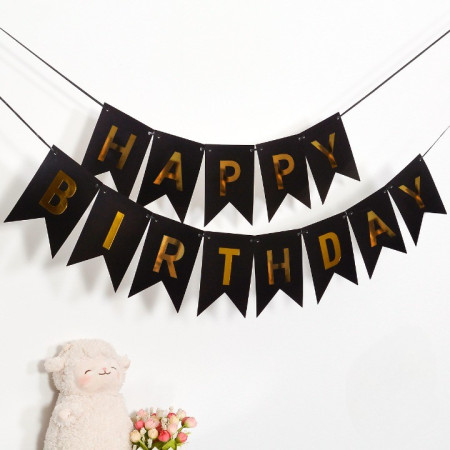 Banner Happy Birthday 100x200 cm, Flippy, Dimensiune Stegulet 11.5x16.5 cm, Rola de Ata Inclusa, Negru