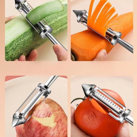 Peeler 2in1 pentru Legume si Fructe, Flippy, Multifunctional, cu 2 Lame de Curatati si Feliat, Varf Ascutit pentru Gaurit, 18 cm, din Otel Inoxidabil, Argintiu/Negru