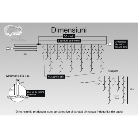 Instalatie Craciun, 30 m, 858 Led-uri ,Franjuri, Albastru, 8 jocuri de lumini, Transformator cu telecomanda, Interconectabila, Prelungitor 5 m inclus, Fir Transparent, Flippy