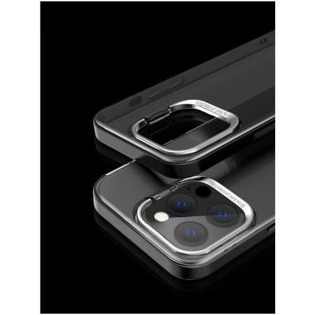 Husa de protectie pentru iPhone 14, cu suport metalic pentru camera, Bracket Series, Flippy, Protectie Antisoc, PC mat, silicon moale pe margini, Negru