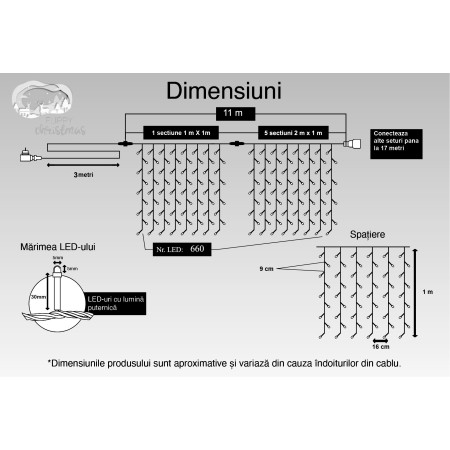 Instalatie Craciun, Tip Perdea, IP44, 11 m x 1 m, 660 LED-uri, Alb rece, 8 jocuri de lumini, Transformator, Interconectabila, Prelungitor 3 m inclus, Fir transparent, Interior/ Exterior, Flippy