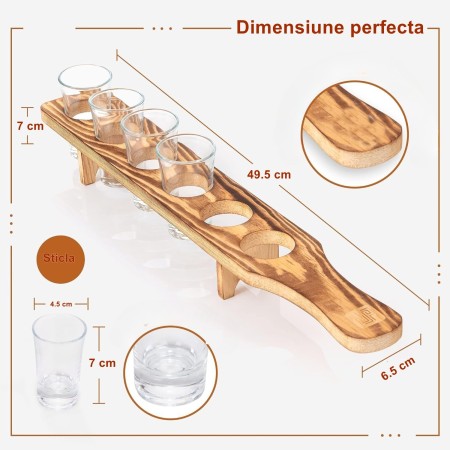 Set 6 Pahare Shot din Sticla Flippy, cu Suport din Lemn, Design Rustic, 49.5 x 7 x 6.5 cm, Maro