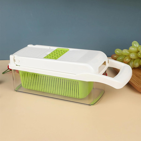 Feliator Multifunctional, Flippy, Razatoare, 8 in 1, pentru Fructe si Legume, 10 Piese, Lame de Inox, Recipient Stocare, Separator Oua, Protectie Mana, ABS, 67.5x38.5x49.5 cm, Verde/Alb