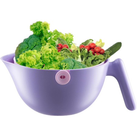 Bol cu Doua Straturi, Flippy, pentru Fructe, Legume, cu Cos de Scurgere a Apei, 2L, din ABS+PP, 29.9 x 22.5 x 11.8 cm, Mov