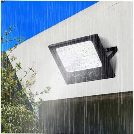 Proiector LED/Lampa solara de exterior Flippy, 20 cm x 25 cm, Rezistent la Apa IP67, cu Panou Solar, 220 LED SMD, 100W, Senzor de lumina, Timer, cu Telecomanda, 2 moduri de iluminat, kit montaj inclus, Lumina Rece, Resigilat