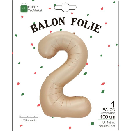 Balon din Folie Metalizata, Flippy, Figurina Cifra, Model 2, Tema Aniversare 100 cm, Ambalaj Individual, Pai Inclus, Umflare cu Aer sau Heliu, Crem