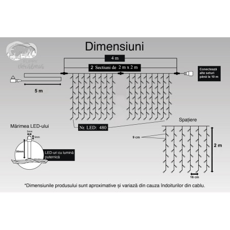 Instalatie Craciun, Tip Perdea, IP44, 4 m x 2 m, 480 LED-uri, Alb cald, 8 jocuri de lumini, Transformator, Interconectabila, Prelungitor 5 m inclus, Fir transparent, Interior/ Exterior, Flippy