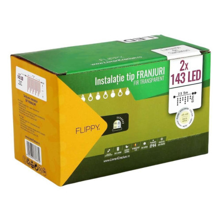 Instalatie de Craciun Flippy® Tip Franjuri, Flash, cu transformator, 10 m, 286 LED-uri, Interconectabila, Fir Transparent, Alb Cald