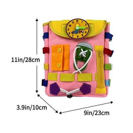 Ghiozdan Montessori, Flippy, pentru Copii 2-6 ani, Fidget Pop, cu Catarame si Fermoare, Jucarii Senzoriale, Activitate de Invatare prin Joc, Roz, 0.25 kg, 28x10x23 cm