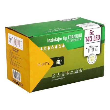 Instalatie de Craciun Flippy® Tip Franjuri, Flash, cu transformator, 30 m, 858 LED-uri, Interconectabila, Fir Transparent, Alb Cald