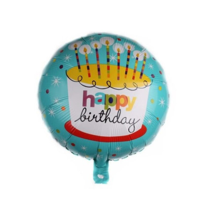 Balon din Folie Metalizata, Flippy, Mini Figurina Rotunda, Model Happy Birthday Tort, Tema Aniversare, 45 cm, Ambalaj Individual, Pai inclus, Umflare cu Aer sau Heliu, Albastru