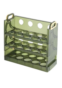 Suport organizator oua pentru frigider, Flippy, Verde transparent, capacitate 30 oua, Trei straturi, 25.5x23x10 cm