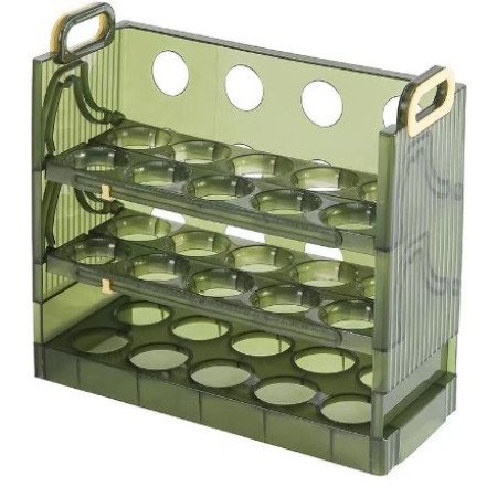 Suport organizator oua pentru frigider, Flippy, Verde transparent, capacitate 30 oua, Trei straturi, 25.5x23x10 cm