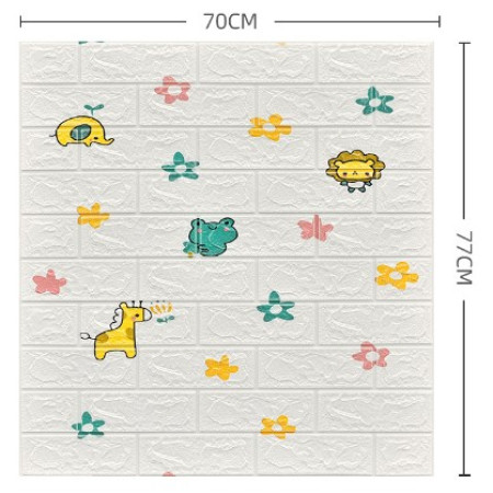 Set 10 Placi Tapet 3D, Flippy, 70 x 77 cm, Grosime 3 mm, din Polietilena, Tip Caramida, Model Animalute si Floricele, Suprafata acoperita 5.3 mp, Alb