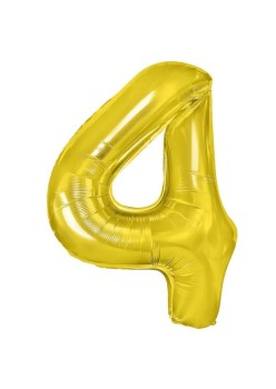 Balon din Folie Metalizata Flippy, Figurina Cifra, Tema Aniversare 80 cm, Ambalaj Individual, Pai inclus, Umflare cu Aer sau Heliu, Auriu, Cifra 4