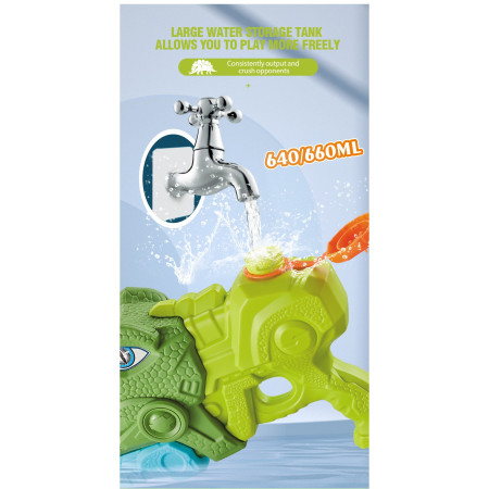 Pistol cu Apa pentru Copii, Rezervor, Pentru Piscina/Plaja, Flippy, 6ani+, Tiranozaur, 3 duze, Verde, 660ML