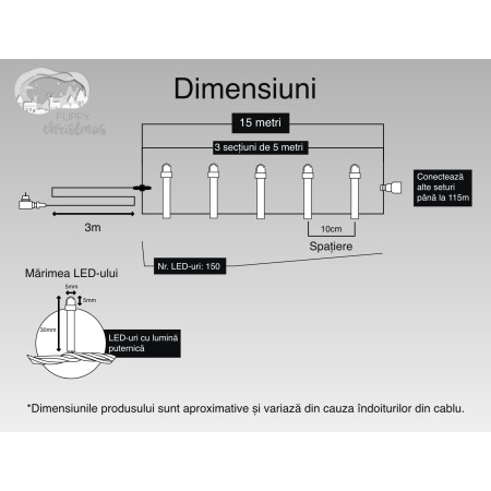 Instalatie Craciun, 15 m, 150 Led-uri ,Liniara, Alb rece, 8 jocuri de lumini, Transformator cu telecomanda, Interconectabila, Prelungitor 3 m inclus, Fir Verde, Flippy