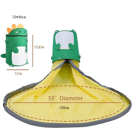 Cutie de Depozitare 2In1, Flippy, Impermeabila, Covor pentru Jucarii si Lego 150cm, Capacitate Mare, cu Manere, cu Sfori, Inaltime 40cm, Model Dinozaur, Verde