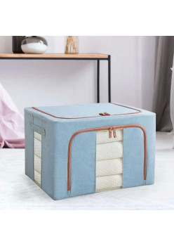 Cutie de Depozitare Pliabila, Flippy, 66 L, din Bumbac si In, 50x40x33 cm, 2 Ferestre, Frontala si Laterala, 2 Usi de Acces cu Fermoar Bidirectional, Cadru Metalic, Suport Baza Stabil din Plastic, Bleu