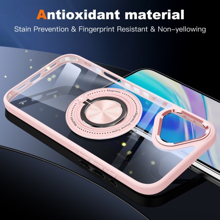 Husa de Protectie TPU, Flippy, pentru iPhone 16, Anticadere, cu Incarcare Wireless, Tehnologie Magsafe, Inel Magnetic Rotativ cu Functie de Suport, Transparent-Roz