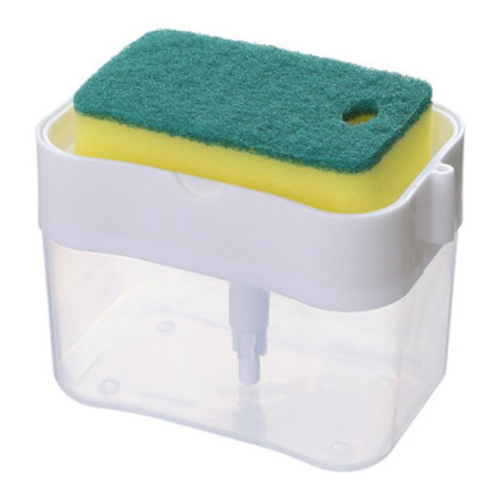 Dozator Flippy, Dispenser 2 in 1 pentru Detergent Lichid de Vase sau pentru Obiecte Sanitare cu Suport pentru Burete de Bucatarie ,14 x 10.5 x 10 cm, capacitate 380 ml, alb