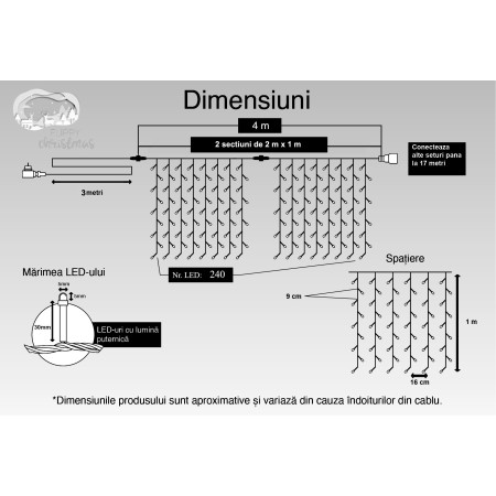 Instalatie Craciun, Tip Perdea, IP44, 4 m x 1 m, 240 LED-uri, Albastru, cu flash, Transformator, Interconectabila, Prelungitor 3 m inclus, Fir transparent, Interior/ Exterior, Flippy