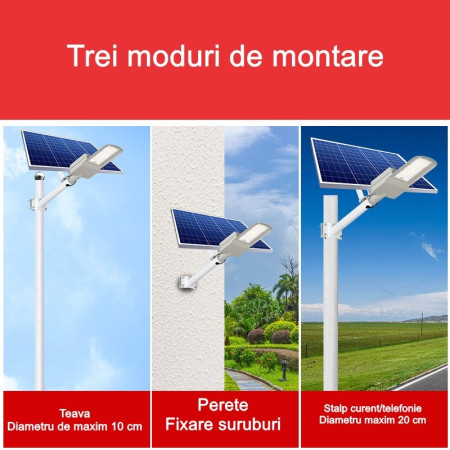 Lampa solara pentru strada sau gradina Flippy, IP65, senzor de lumina, 100 LED-uri SMD, 3150 lm, 500W autonomie 12-16 ore, telecomanda, montare prin fixare, pentru strada sau gradina, finisaj mat, material ABS, 51.5 x 21 x 7.5, lumina alb rece, gri