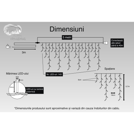 Instalatie Craciun, 5 m, 143 Led-uri ,Franjuri, Multicolor, Flash, Transformator cu telecomanda, Interconectabila, Prelungitor 3 m inclus, Fir Alb, Flippy