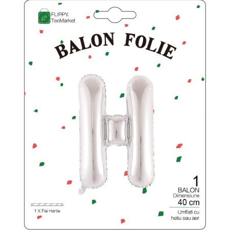 Balon Folie Metalizata Litera H, Flippy, 40 cm, Umflati cu Heliu sau Aer, Ambalaj Individual, Pai inclus, Argintiu