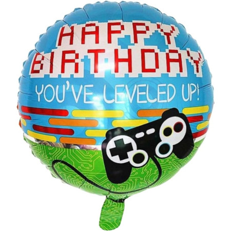 Balon din Folie Metalizata, Flippy, Mini Figurina Rotunda, Model Happy Birthday Gamer, Tema Aniversare, 45 cm, Ambalaj Individual, Pai inclus, Umflare cu Aer sau Heliu, Albastru