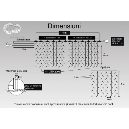 Instalatie Craciun Profesionala de Exterior IP65, Tip Perdea, 4m x 5m, 2000 Led-uri Mari, Alb rece, cu flash, Alimentator 1,5 m, Interconectabila, Fir negru, Flippy