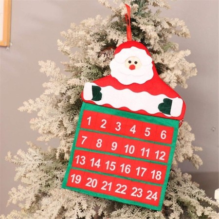 Calendar de Craciun Flippy, Mos Craciun, tip decoratiune, material poliester, cu buzunarele, pentru brad sau prete, 20 x 30 cm, multicolor