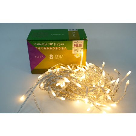 Sectiune Instalatie de Craciun Flippy® Tip Turturi, 8 jocuri de lumini 3 m, 96 LED-uri, Interconectabila, Fir Transparent, Alb Cald, Atentie! nu contine alimentator