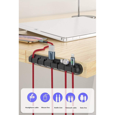 Organizator Cabluri, Flippy, Cable Clips, Fixare Dublu Adeziv, Silicon, 7 Sloturi, Negru