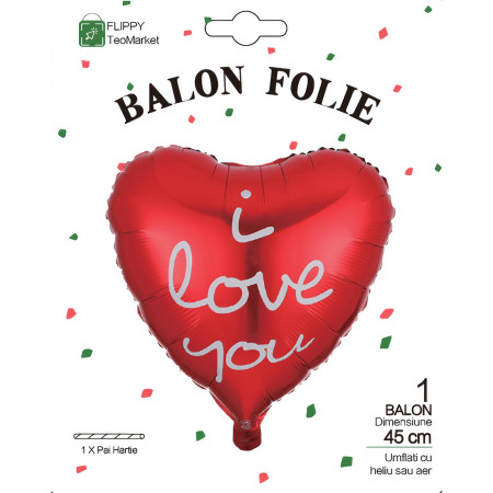 Balon din Folie Metalizata, Flippy, Figurina Inima, Model I Love You Scris de Mana, Tema Ziua Indragostitilor, 45 cm, Ambalaj Individual, Pai Inclus, Umflare cu Aer sau Heliu, Rosu