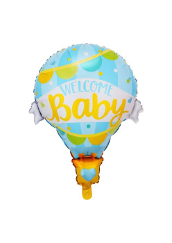 Balon din Folie Metalizata, Flippy, Mini Figurine, Model Balon cu Aer Cald Baietel, Tematica Welcome Baby, 80x62 cm, Ambalaj Individual, Pai Inclus, Umflare cu Aer sau Heliu, Albastru