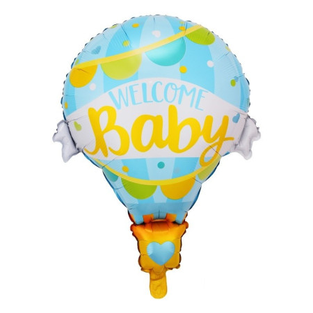 Balon din Folie Metalizata, Flippy, Mini Figurine, Model Balon cu Aer Cald Baietel, Tematica Welcome Baby, 80x62 cm, Ambalaj Individual, Pai Inclus, Umflare cu Aer sau Heliu, Albastru