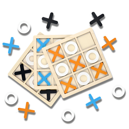 Jucarie Montessori Tic Tac Toe, Flippy, Educativa, Interactiva, din lemn, X si O, 9 Piese, 14.3x14.3 cm, Portocaliu Alb