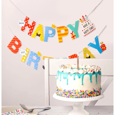 Banner Happy Birthday 100x200 cm, Flippy, Rola de Ata Inclusa, Tematica Aniversare, Multicolor