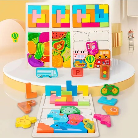 Puzzle Montessori din Lemn pentru Copii, Flippy, Tip Tetris 2in1, +3 Ani, cu Masini Colorate 3D, Educativ, Intuitiv, Creativ, 21 de Piese, 28.5x17x1.2 cm, Multicolor