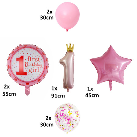 Set 8 Baloane din Folie Metalizată si din Latex, Flippy, Figurine Cifra 1 Printesa 91cm, Stea 45 cm si Cerc 55 cm, Baloane Latex 30 cm, Tema Prima Aniversare, Ambalaj Individual, Pai Inclus, Umflare cu Aer sau Heliu, Roz